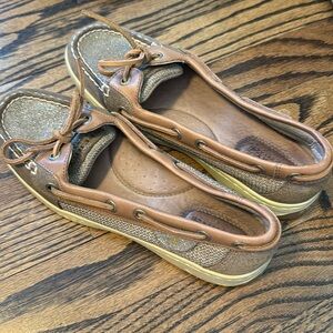 Sperry Angelfish boat shoes tan gold glitter toe size 6.5 M